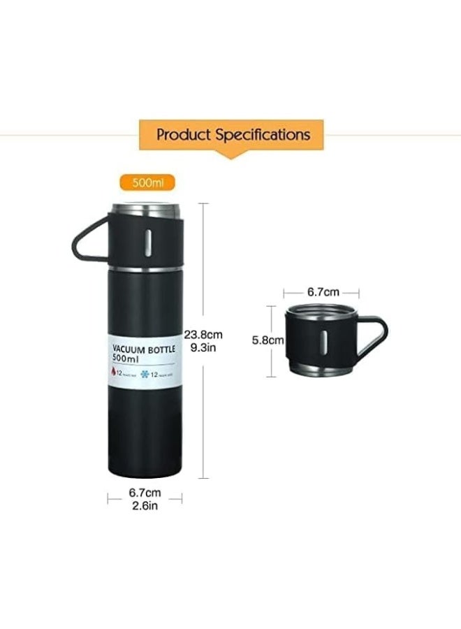 Original 500ml Thermos Mug with 3 Cups, Thermal Bottle, Vacuum Insulated Tea Coffee Thermos 304 Stainless Steel Travel Mug for Hot and Cold Drinks , Insulated Flask Set -Black - Image 1