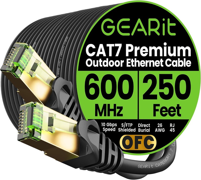 GearIT Cat7 Outdoor Ethernet Cable (250ft) SFTP Shielded Foil Twisted Pair, Pure Copper, LLDPE, Waterproof, Direct Burial, In-Ground, UV Resistant, POE, Network, LAN, Internet, Cat 7-250 Feet - Image 1