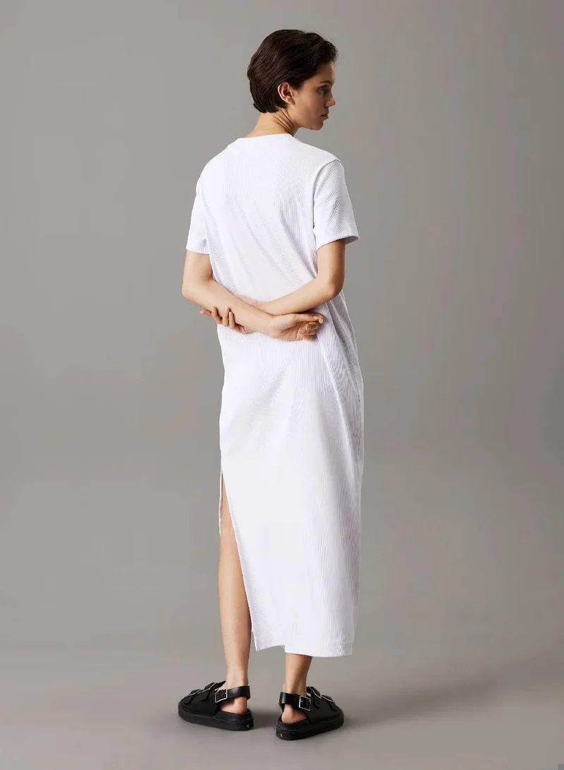 Calvin Klein Jeans Brilliant White Ribbed Cotton Maxi T-Shirt Dress for Women | Best Price UAE