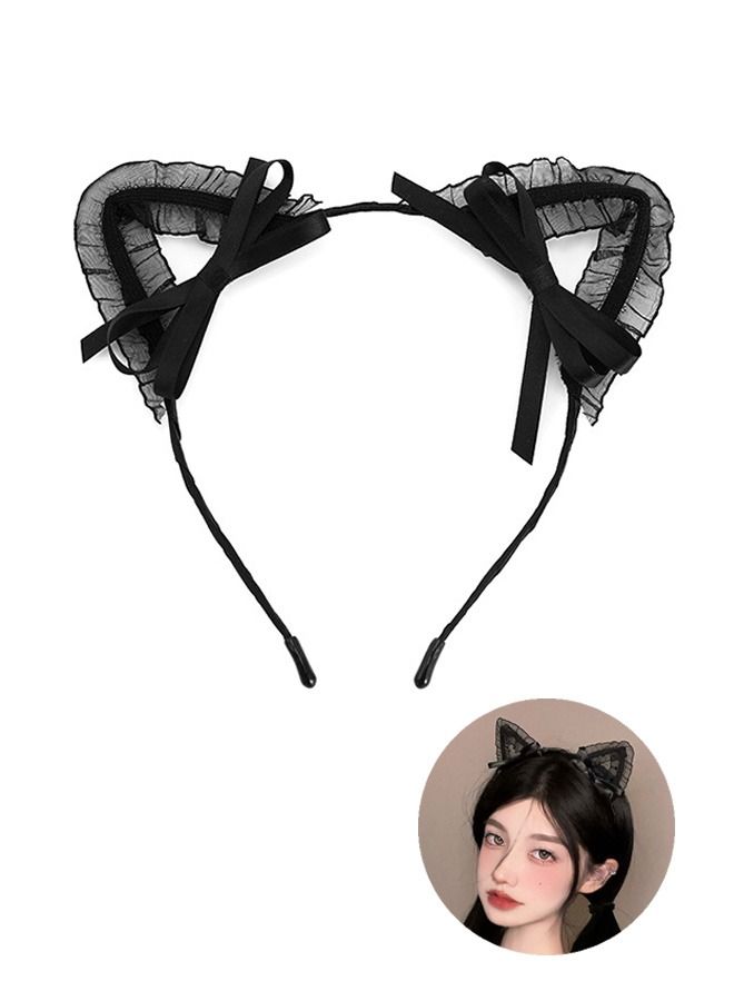 Cat Ears Lace Bow Headband, Lovely Embellished Headband Headdress, Costume Evening party Hair Hoop (Black) - Image 1