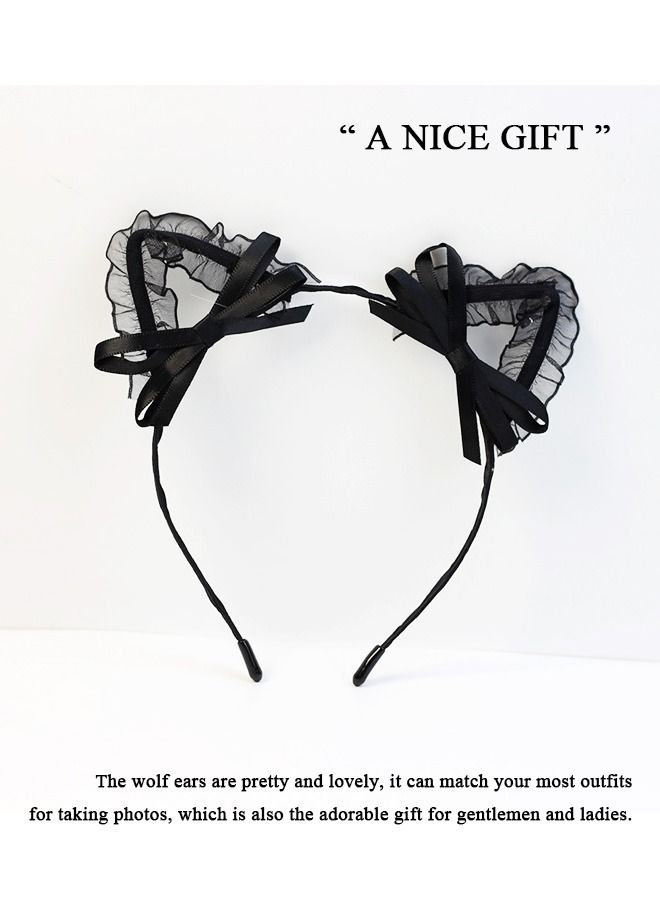 Cat Ears Lace Bow Headband, Lovely Embellished Headband Headdress, Costume Evening party Hair Hoop (Black) - Image 4
