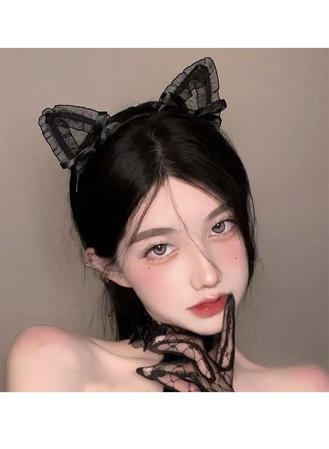 Cat Ears Lace Bow Headband, Lovely Embellished Headband Headdress, Costume Evening party Hair Hoop (Black) - Image 5