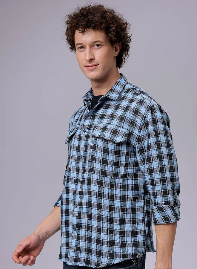 The Indian Garage Co Men Relaxed Fit Checkered Full Sleeves Cutaway Collar Double Flap Pocket Casual Shirt
