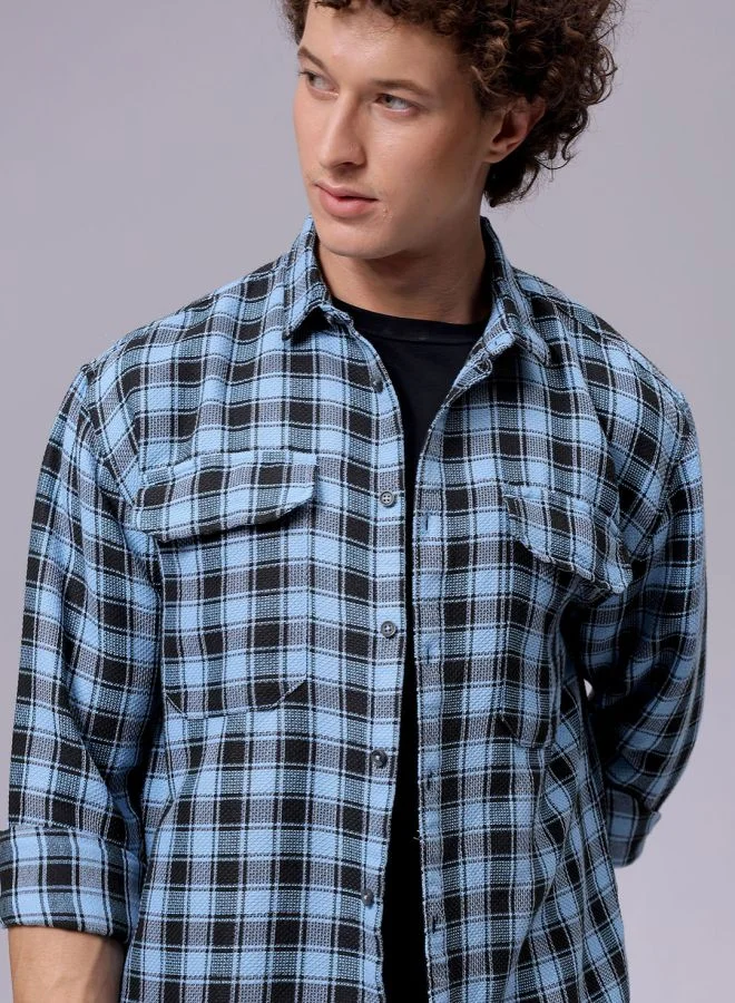 The Indian Garage Co Men Relaxed Fit Checkered Full Sleeves Cutaway Collar Double Flap Pocket Casual Shirt