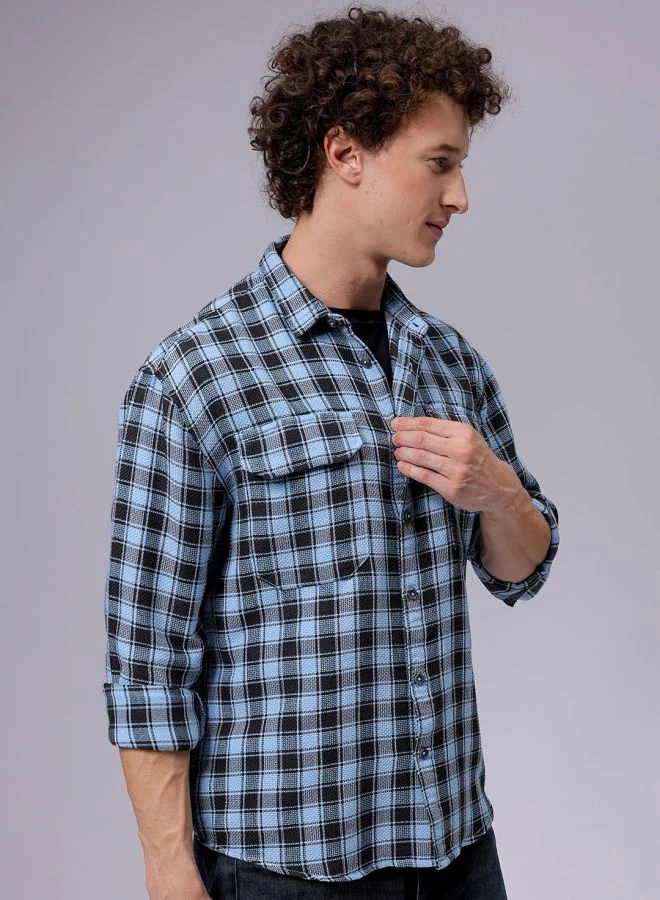 The Indian Garage Co Men Relaxed Fit Checkered Full Sleeves Cutaway Collar Double Flap Pocket Casual Shirt