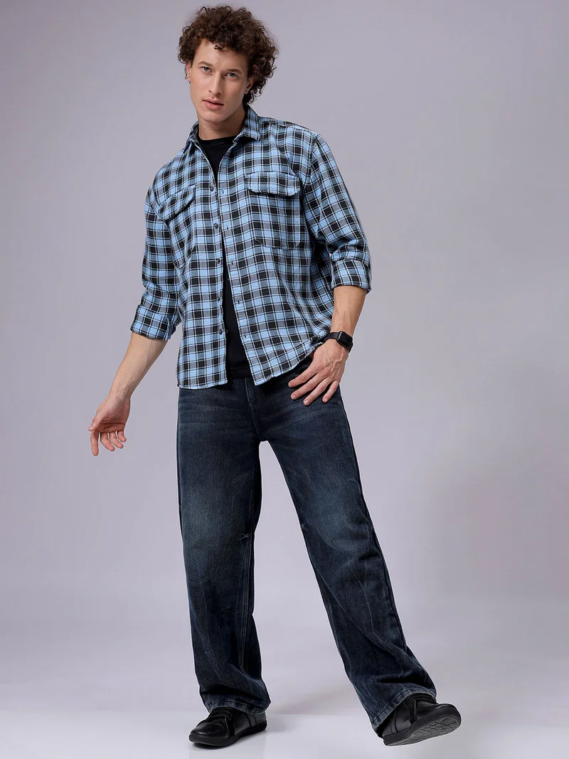 The Indian Garage Co Men Relaxed Fit Checkered Full Sleeves Cutaway Collar Double Flap Pocket Casual Shirt