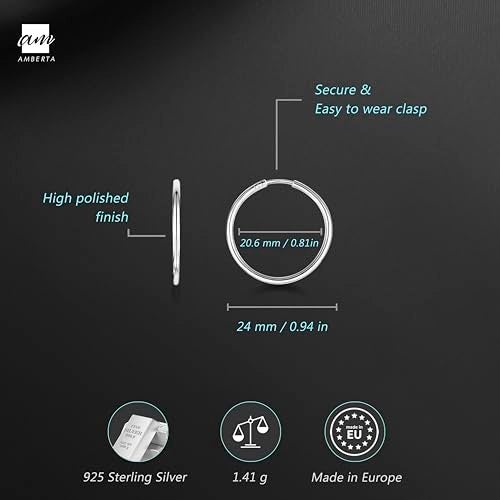 Amberta 925 Sterling Silver Fine Circle Endless Hoops - Polished Round Sleeper Earrings Diameter Size: 20 30 40 60 75 mm (20 mm) - Image 3