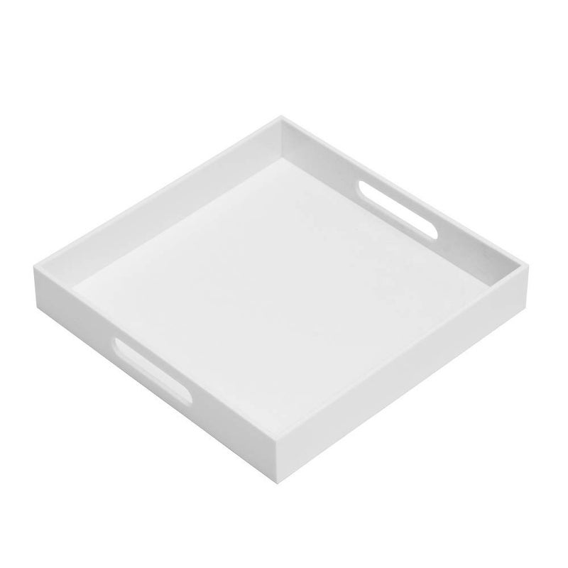 KEVLANG Glossy White Sturdy Acrylic Serving Tray with Handles-14x14Inch-Serving Coffee,Appetizer,Breakfast,Butler-Kitchen Countertop Tray-Makeup Drawer Organizer-Vanity Table-Ottoman Tray - Image 1