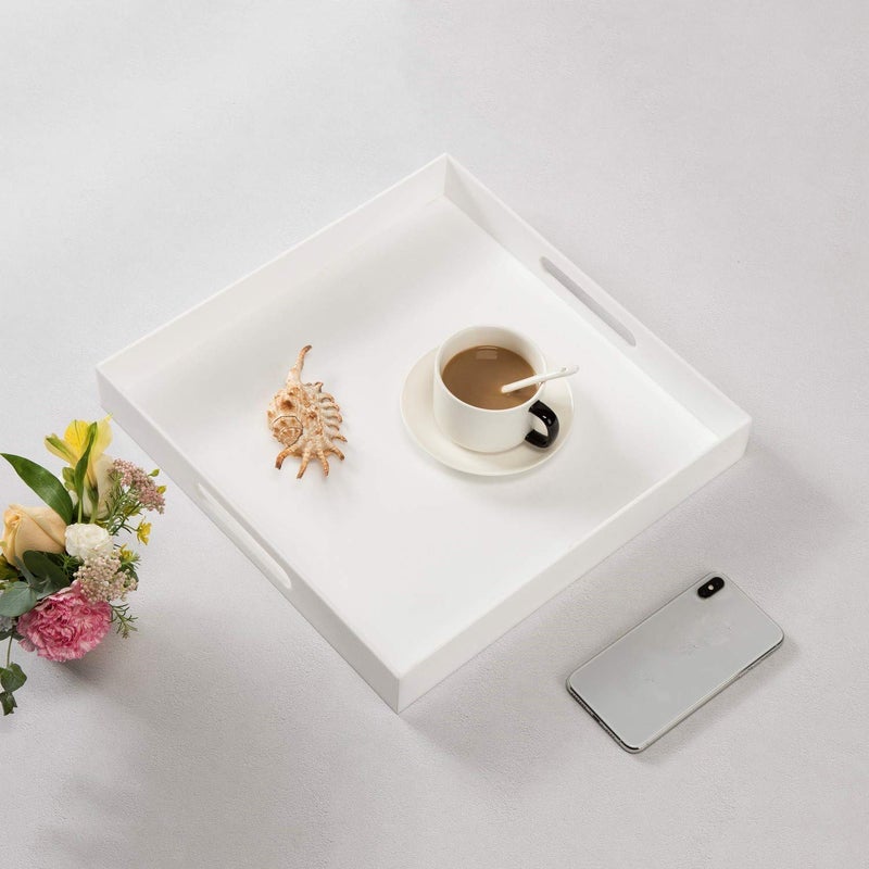 KEVLANG Glossy White Sturdy Acrylic Serving Tray with Handles-14x14Inch-Serving Coffee,Appetizer,Breakfast,Butler-Kitchen Countertop Tray-Makeup Drawer Organizer-Vanity Table-Ottoman Tray - Image 3