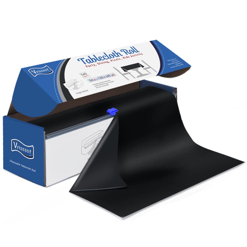 Vrisssot Vrisssot Plastic Table Cover Roll Disposable Tablecloth 54in X 120ft Table Covers Plastic Table Cover Roll with Easy Slide Cutter Plastic Table Cloths for Parties DisposableBlack