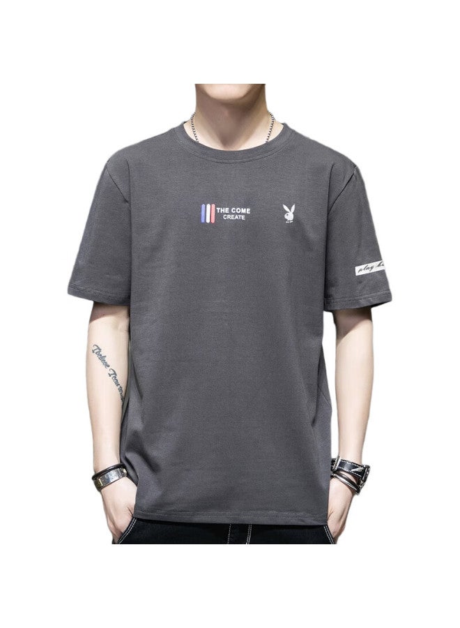 PLAYBOY Men'S Short Sleeve T-Shirt Spring Summer Men'S T-Shirt Round Neck Top Men'S Clothing Gray 3Xl - Image 1