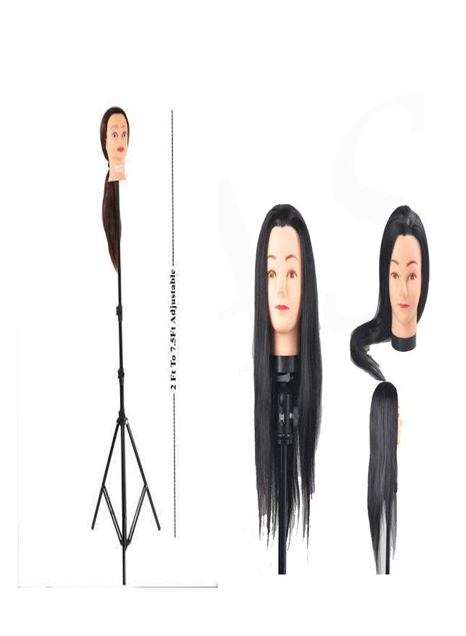 IAS Black Synthetic Long Hair Hairdressers Training Head Dummy & Adjustable Tripod Stand for Hair Dresser Mannequin Holder for Salon Pack of 2 - Image 1