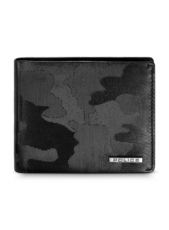 POLICE Berryblack Grey and Black Leather Bi-Fold Wallet for Men
