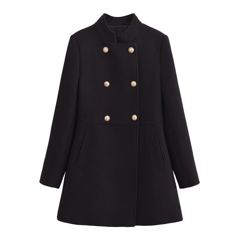 ZA Cross-Border Womens Fashionable Elegant Warm Wool Blend Overcoat Jacket with Double Row Buttoning Woolen Coat For All Season Black  - Image 1