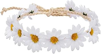 Quupy 3PCS Daisy Flower Headband Sunflower Crown Floral Hair Wreath Bohemia Headpiece Hair Band for Bridal Women Girls Hippie Wedding Party Beach Festival White - Image 1