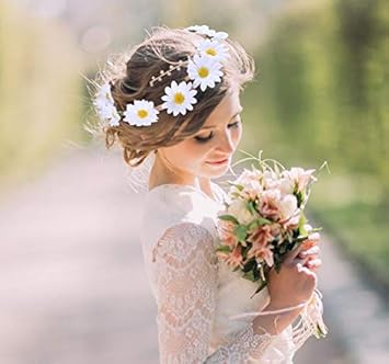 Quupy 3PCS Daisy Flower Headband Sunflower Crown Floral Hair Wreath Bohemia Headpiece Hair Band for Bridal Women Girls Hippie Wedding Party Beach Festival White - Image 5