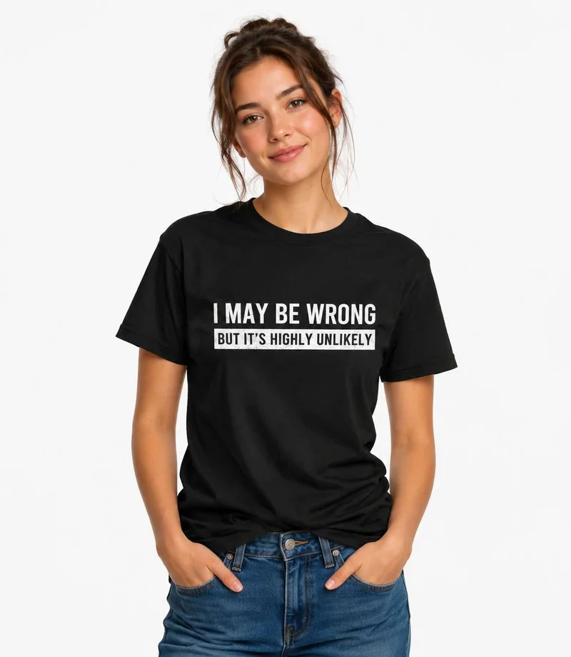 Matching Family Outfits Funny "I May Be Wrong But It's Highly Unlikely" Graphic T-Shirt for Women – Sarcastic Humor Quote Casual Crew Neck Tee, Trendy Everyday Shirt, Novelty Gift