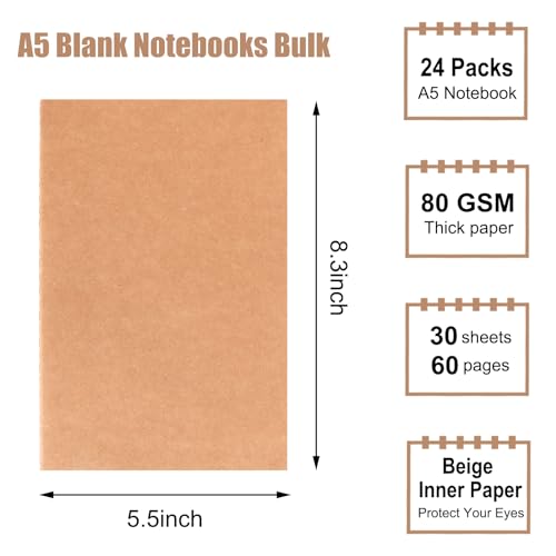 EOOUT 24 Pack Blank Kraft Notebooks, A5 Journals Notebook Bulk, Unlined Paper Sketchbooks, 8.3x5.5in 60 Pages Travel Journal Set for Journaling, Student, Kids, Writing - Image 2