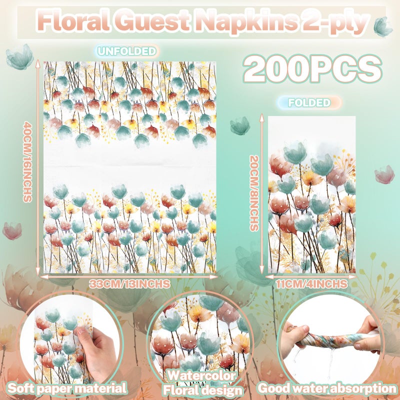 Seajan Seajan 200 Pcs Colorful Flowers Paper Guest Napkins Disposable Hand Towels for Bathroom Paper Disposable Guest Towels Napkins for Spring and Summer Wedding Bathroom Birthday Dinner Party  - Image 2