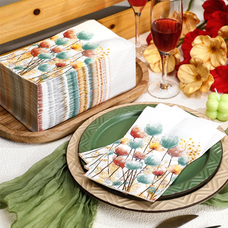 Seajan Seajan 200 Pcs Colorful Flowers Paper Guest Napkins Disposable Hand Towels for Bathroom Paper Disposable Guest Towels Napkins for Spring and Summer Wedding Bathroom Birthday Dinner Party  - Image 1