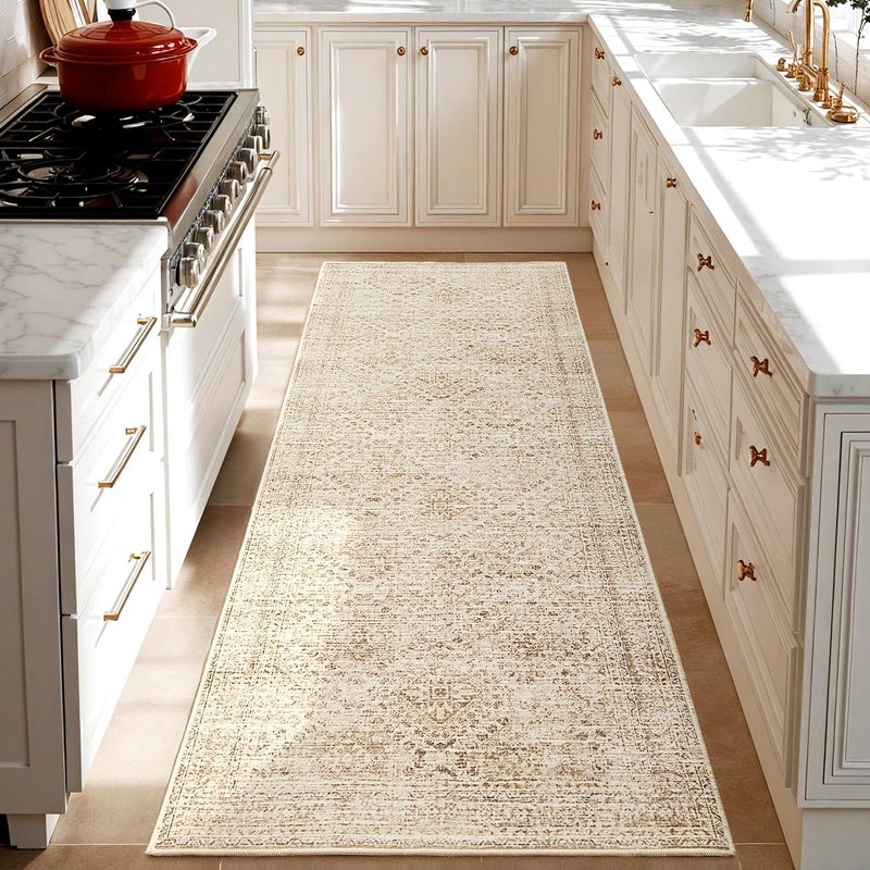 MIULEE 2x6 Washable Hallway Runner Rug, Vintage Long Rug for Hallway Kitchen Bedroom Laundry Room Bathroom, Non-Slip Stain Resistant Soft Throw Carpet Floor Mat, Neutral Beige - Image 2