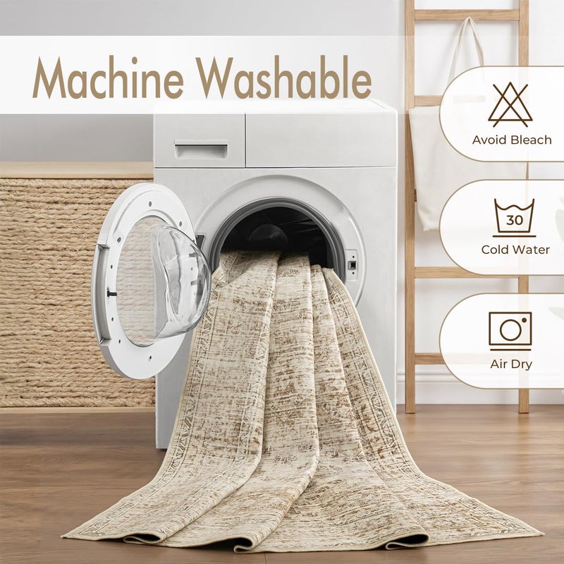 MIULEE 2x6 Washable Hallway Runner Rug, Vintage Long Rug for Hallway Kitchen Bedroom Laundry Room Bathroom, Non-Slip Stain Resistant Soft Throw Carpet Floor Mat, Neutral Beige - Image 3