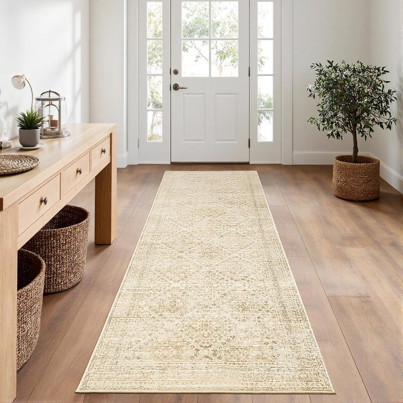 MIULEE 2x6 Washable Hallway Runner Rug, Vintage Long Rug for Hallway Kitchen Bedroom Laundry Room Bathroom, Non-Slip Stain Resistant Soft Throw Carpet Floor Mat, Neutral Beige - Image 1