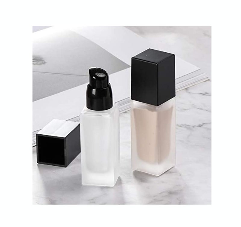 YYNGJCK 2 Pack 30ml/1oz Empty Frosted Glass Foundation Bottle, Travel Refillable Square Lotion Pump Bottles for Essential Oils Liquid Body Cream Cosmetic Samples Vials - Image 1