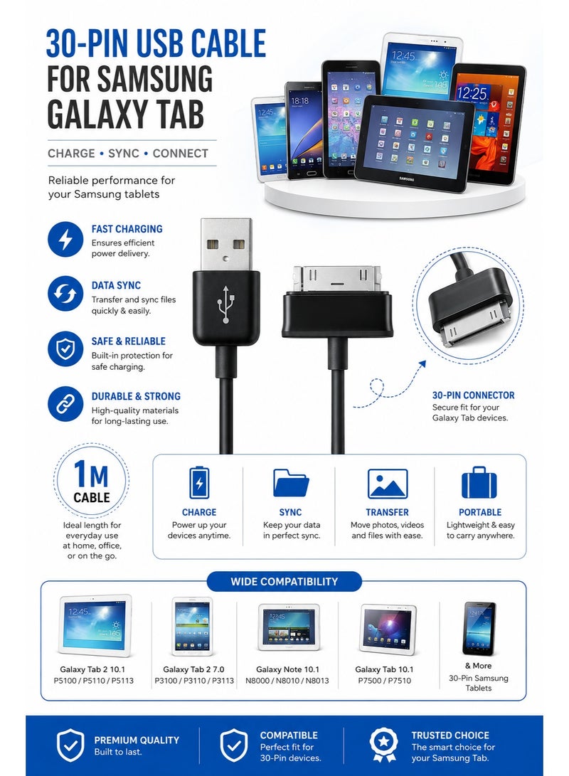 كابل شحن ونقل بيانات متوافق مع أجهزة سامسونج تاب ذات منفذ 30-Pin (Tab 2 10.1 N8000، 7.0 P3100، Note 10.1 P5100، وغيرها). - Image 4