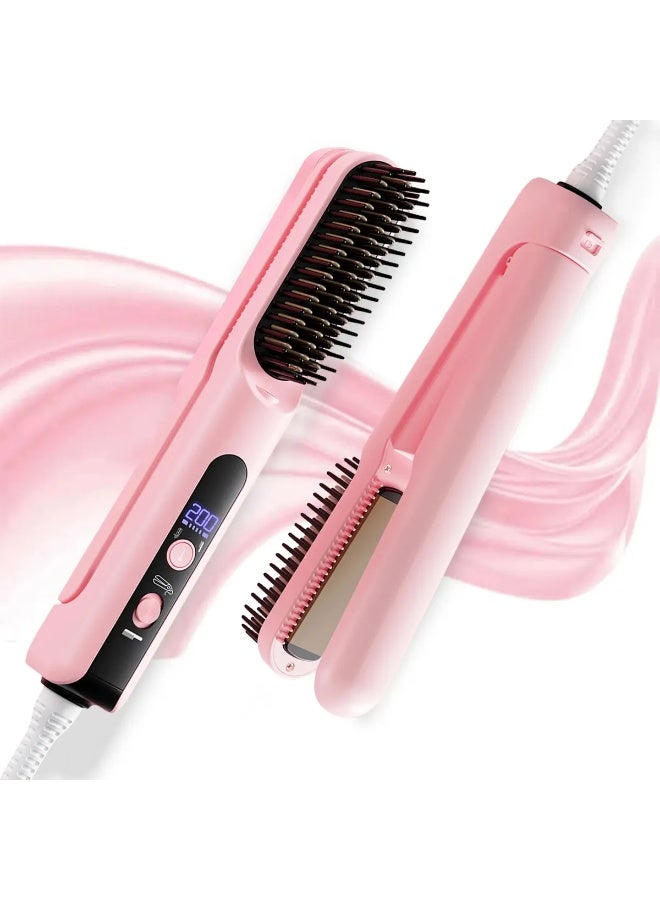 Pink 2-in-1 Hair Straightening & Curling Comb, Constant Temperature Hair Care Styling Tool with Adjustable Temperature, Detachable & Portable Design - Image 1