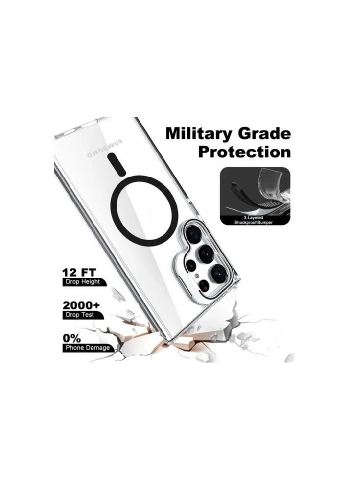 جراب متوافق مع هاتف Samsung Galaxy S25 Ultra MagSafe TPU + غطاء هاتف PC مع حامل غير مرئي - جراب Shield Stand (شفاف وأسود)