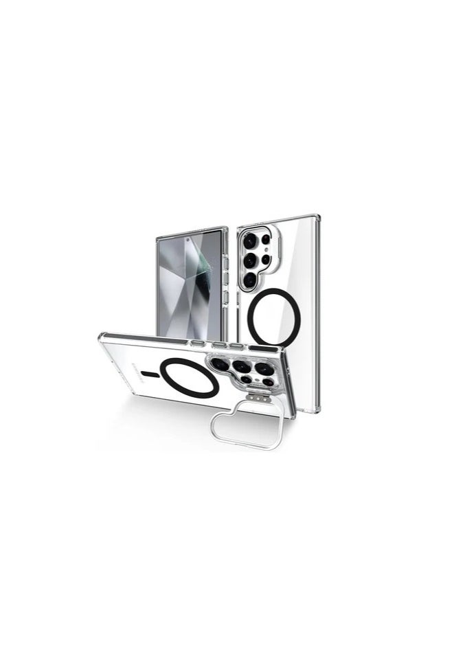 جراب متوافق مع هاتف Samsung Galaxy S25 Ultra MagSafe TPU + غطاء هاتف PC مع حامل غير مرئي - جراب Shield Stand (شفاف وأسود)