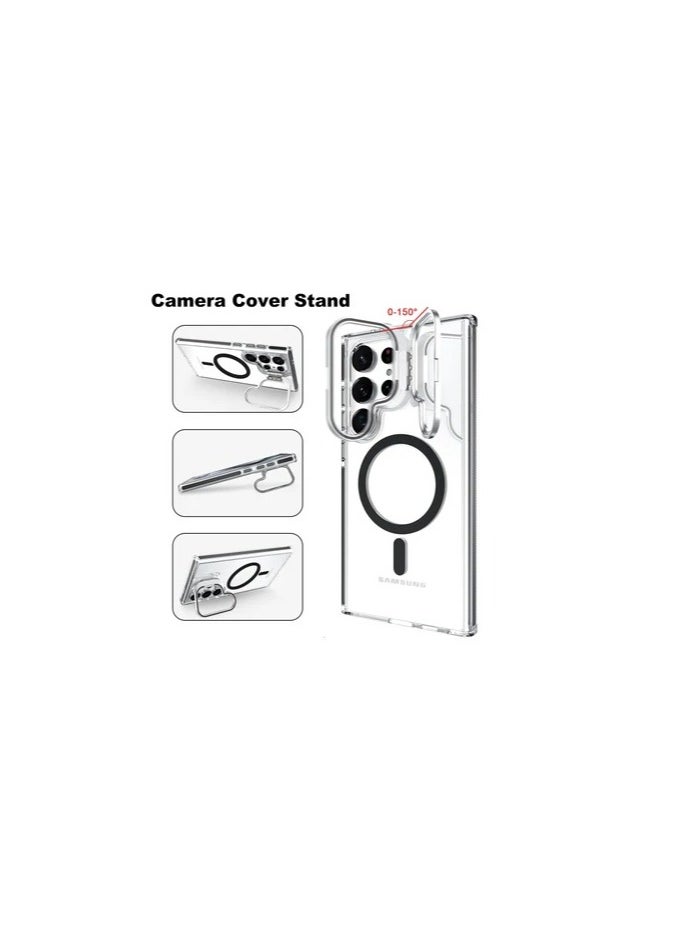 جراب متوافق مع هاتف Samsung Galaxy S25 Ultra MagSafe TPU + غطاء هاتف PC مع حامل غير مرئي - جراب Shield Stand (شفاف وأسود)