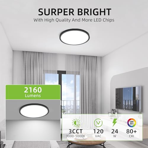 hykolity 12 Inch Selectable CCT LED Round Flat Panel Light, 24W 3000K/4000K/5000K, Edge-Lit Flush Mount Ceiling Light Fixture for Kitchen, Bedroom, Laundry and Closet Room，Black - Image 2