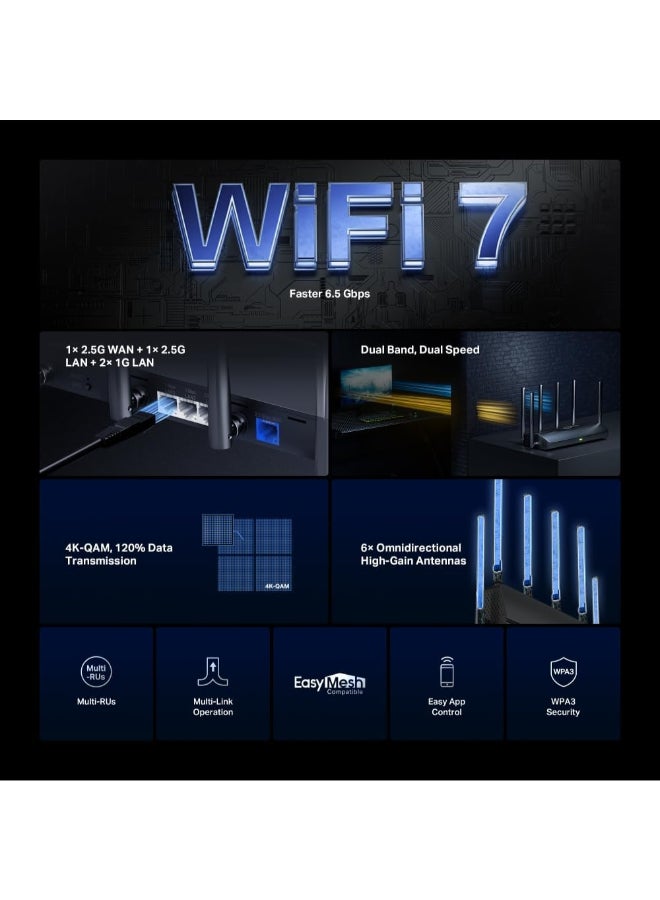 MERCUSYS BE6500 Tri-Band Wi-Fi 7 Router
SPEED: 688 Mbps at 2.4 GHz + 5760 Mbps at 5 GHz
SPEC: 6× External Antennas,  1× 2.5 Gbps WAN port + 1× 2.5 Gbps LAN port + 2× Gigabit LAN ports, MLO, 4096-QAM, OFDMA, HE160
FEATURE: MERCUSYS App, Router/Access Point Mode, WPS Button, Reset Button, IPTV, IPv6, Smart Connect, Airtime Fairness, Beamforming, MU-MIMO, Parental Controls, Guest Network, VPN Server, VPN Client, DFS, WPA3, Easymesh, Superadmin, IoT Network, TR-069, Aginet ACS, ISP Preset (Agile Config) Black - Image 3