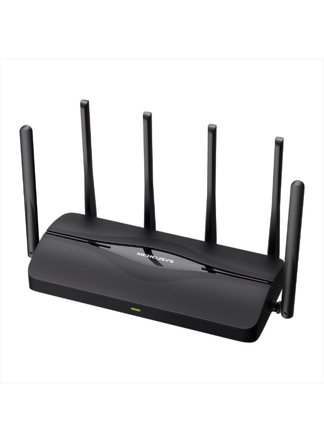 MERCUSYS BE6500 Tri-Band Wi-Fi 7 Router
SPEED: 688 Mbps at 2.4 GHz + 5760 Mbps at 5 GHz
SPEC: 6× External Antennas,  1× 2.5 Gbps WAN port + 1× 2.5 Gbps LAN port + 2× Gigabit LAN ports, MLO, 4096-QAM, OFDMA, HE160
FEATURE: MERCUSYS App, Router/Access Point Mode, WPS Button, Reset Button, IPTV, IPv6, Smart Connect, Airtime Fairness, Beamforming, MU-MIMO, Parental Controls, Guest Network, VPN Server, VPN Client, DFS, WPA3, Easymesh, Superadmin, IoT Network, TR-069, Aginet ACS, ISP Preset (Agile Config) Black - Image 1
