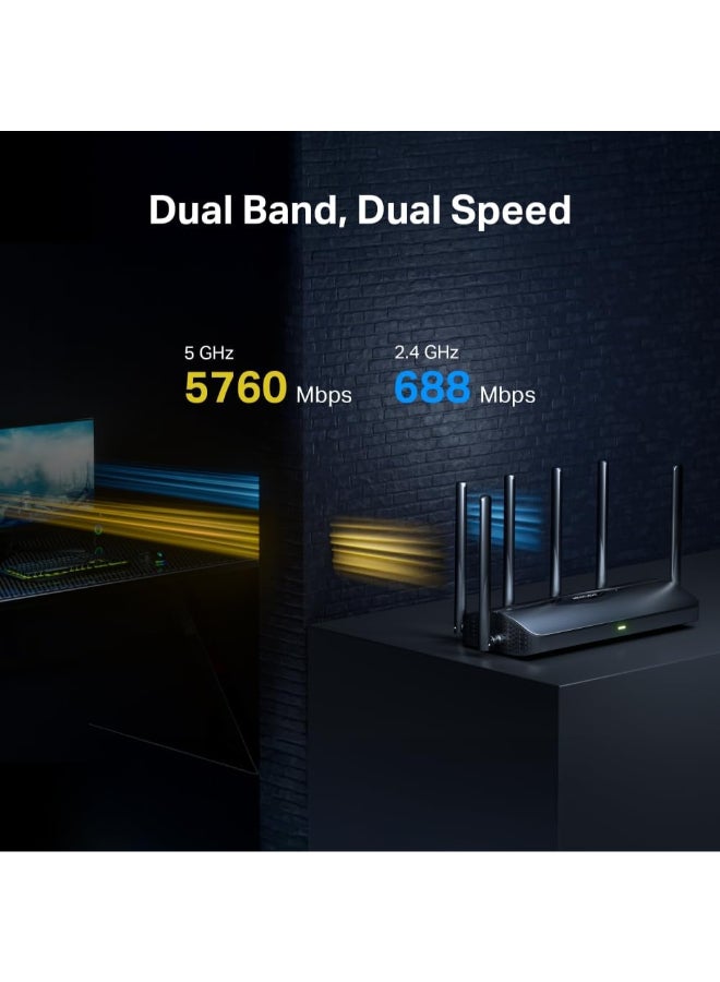 MERCUSYS BE6500 Tri-Band Wi-Fi 7 Router
SPEED: 688 Mbps at 2.4 GHz + 5760 Mbps at 5 GHz
SPEC: 6× External Antennas,  1× 2.5 Gbps WAN port + 1× 2.5 Gbps LAN port + 2× Gigabit LAN ports, MLO, 4096-QAM, OFDMA, HE160
FEATURE: MERCUSYS App, Router/Access Point Mode, WPS Button, Reset Button, IPTV, IPv6, Smart Connect, Airtime Fairness, Beamforming, MU-MIMO, Parental Controls, Guest Network, VPN Server, VPN Client, DFS, WPA3, Easymesh, Superadmin, IoT Network, TR-069, Aginet ACS, ISP Preset (Agile Config) Black - Image 4