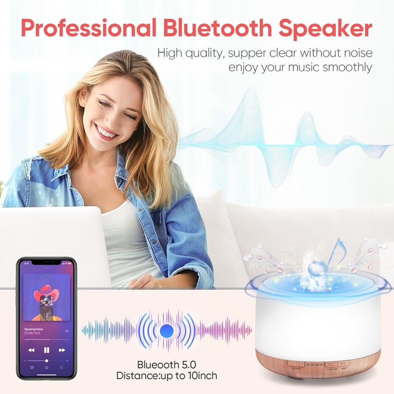 Kueh 500ml Essential Oil Diffuser with Bluetooth Speaker 5.0, Quiet Aromatherapy Mist Diffusers for Essential Oils, Ultrasonic Oil Diffuser with Remote Control, 7 Colors Light for Bedroom - Image 2