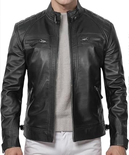 DECIMAL Men's Black Genuine Lambskin Leather Biker Jacket VINTAGE REAL MOTORCYCLE JACKETS FOR MEN (US, Alpha, Large, Regular, Regular, UBLACK) - Image 4