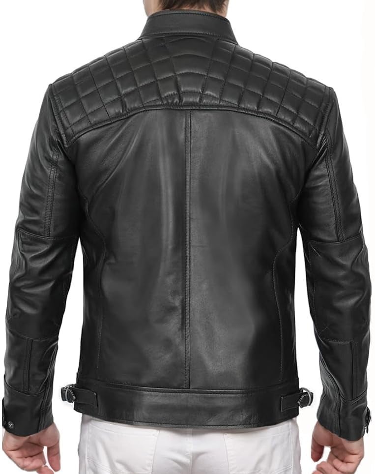 DECIMAL Men's Black Genuine Lambskin Leather Biker Jacket VINTAGE REAL MOTORCYCLE JACKETS FOR MEN (US, Alpha, Large, Regular, Regular, UBLACK) - Image 3