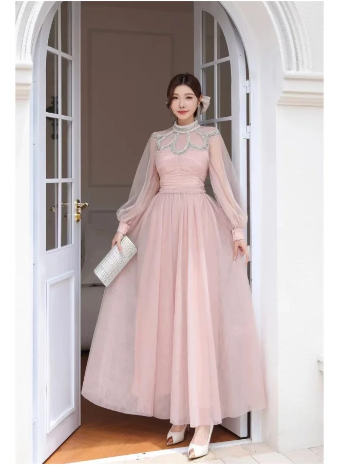 Madam Uniq Pink Embellished Tulle Maxi Dress with Dramatic Flair