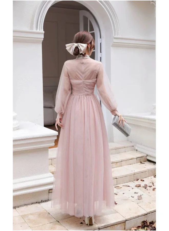 Madam Uniq Pink Embellished Tulle Maxi Dress with Dramatic Flair