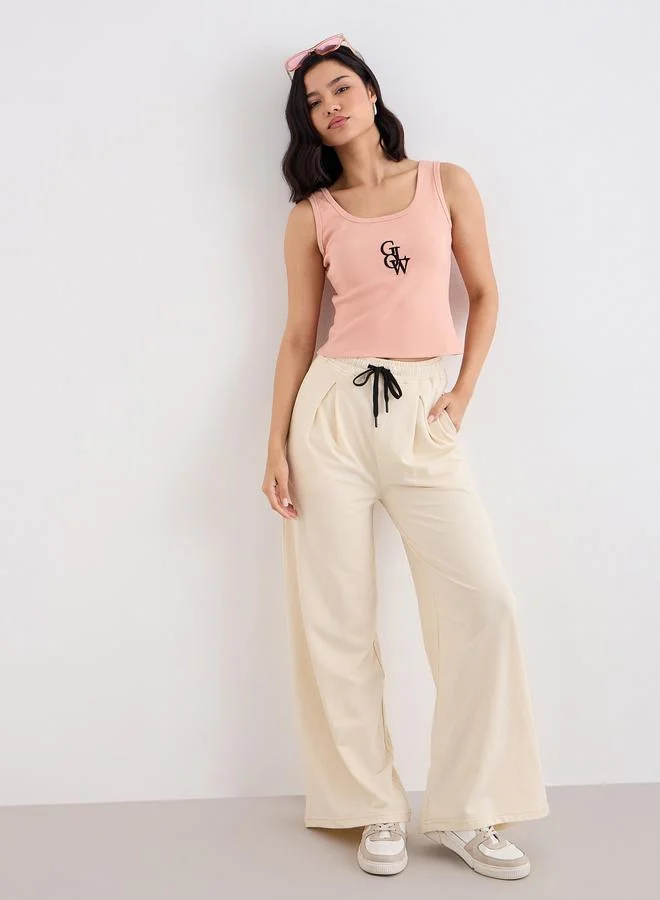 Styli Styli Beige Wide Leg Jogger with Pleat Detail