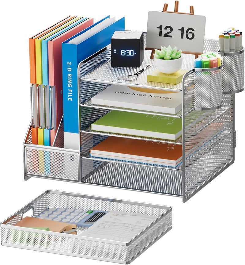 Marbrasse Desk Organizer With File Holder, 5-Tier Paper Letter Tray With Drawer and 2 Pen Holders, Mesh Desktop Storage With Magazine Holder for Office Supplies (Silver) - Image 2