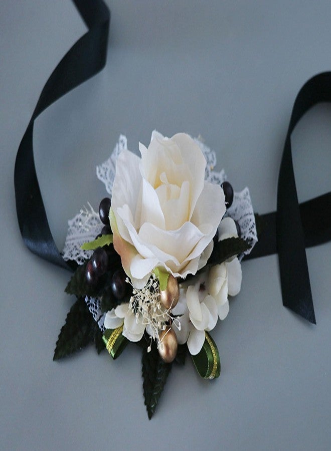 Aimto Ivory Rose and Black Wrist Corsage and Boutonniere Set for Wedding Flower Accessories Prom Suits - Image 5