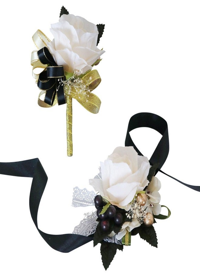 Aimto Ivory Rose and Black Wrist Corsage and Boutonniere Set for Wedding Flower Accessories Prom Suits - Image 1