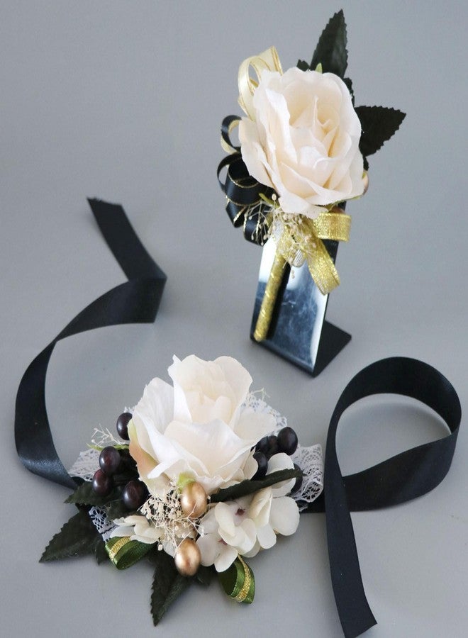 Aimto Ivory Rose and Black Wrist Corsage and Boutonniere Set for Wedding Flower Accessories Prom Suits - Image 2