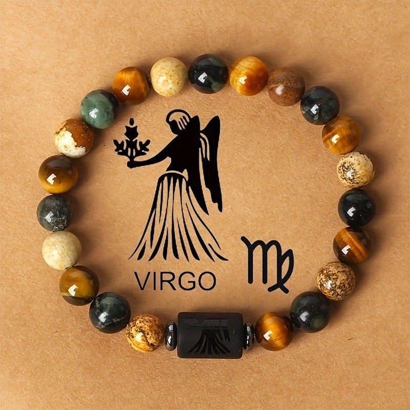12 Zodiac Sign Bracelet with 8mm Tiger Eye Stone - Handmade Natural Beaded Charm