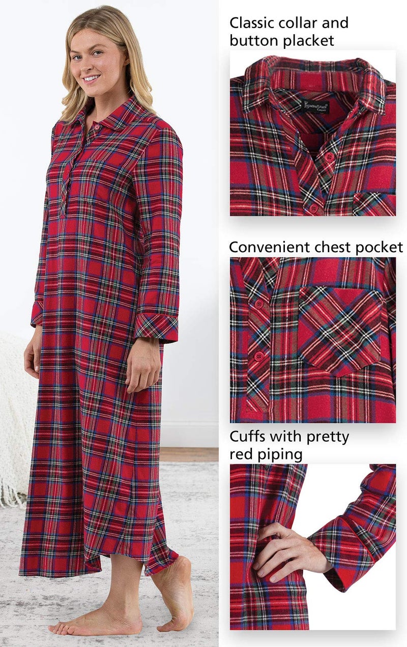 PajamaGram Flannel Nightgown - Women Nightgown, Red Stewart Plaid, MD - Image 4