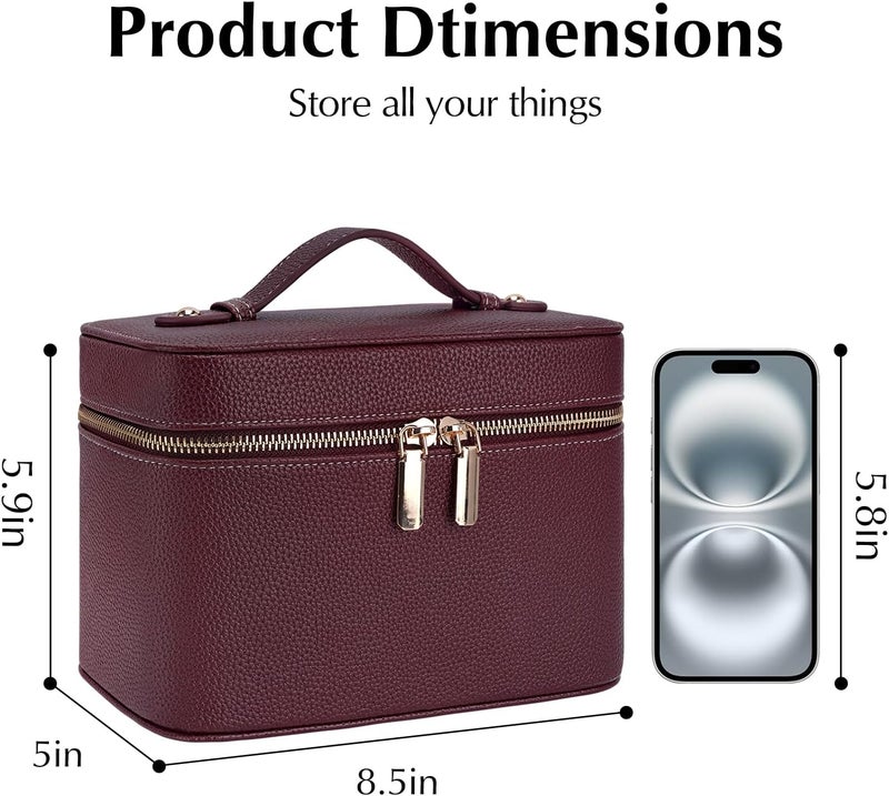 idoltimes Makeup Bag, Cosmetic Case Leather Cosmetic Bag with Removable Divider Waterproof Portable Travel Toiletry Bags Makeup Organizer Case, Burgundy - Image 2